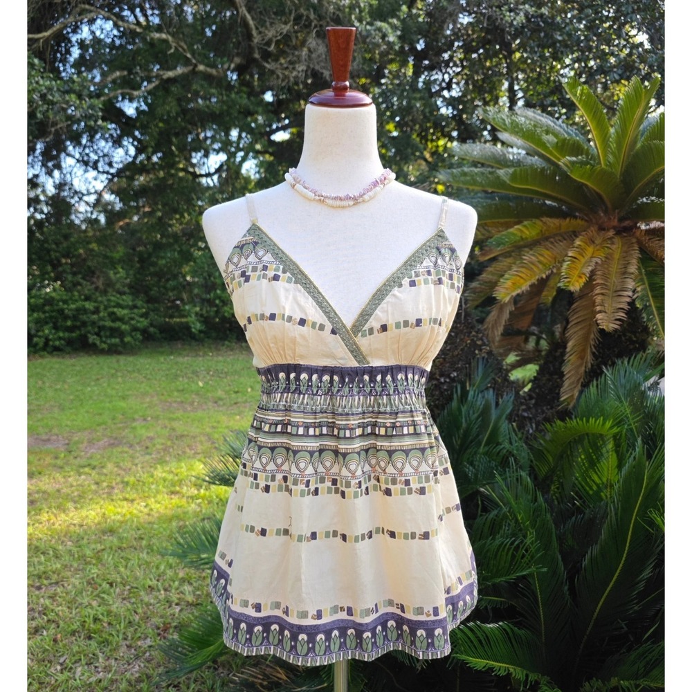 NWT Vintage Y2K V-Neck Boho‎ Tank Size S Open Back Green Brown Festival Fairy